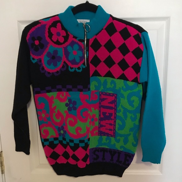 Vintage GIRLS Neon Color Block Mix Pattern Cable Knit Chunky  3/4 Zip Sweater - Picture 9 of 9